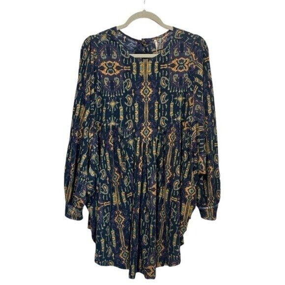 Free People XS This Is It Tunic Top Oversized Long Sleeve Billowy Blue Orange - Picture 1 of 10
